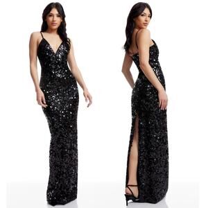 DRESS THE POPULATION Cammie Black Sequin Maxi Dress Size Small